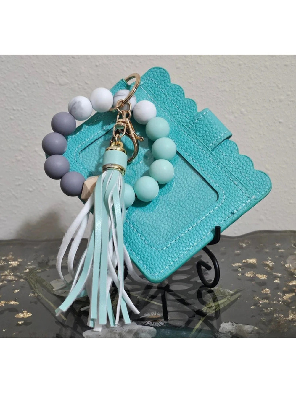 Turquoise Beaded Wristlet Card Holder Keychain